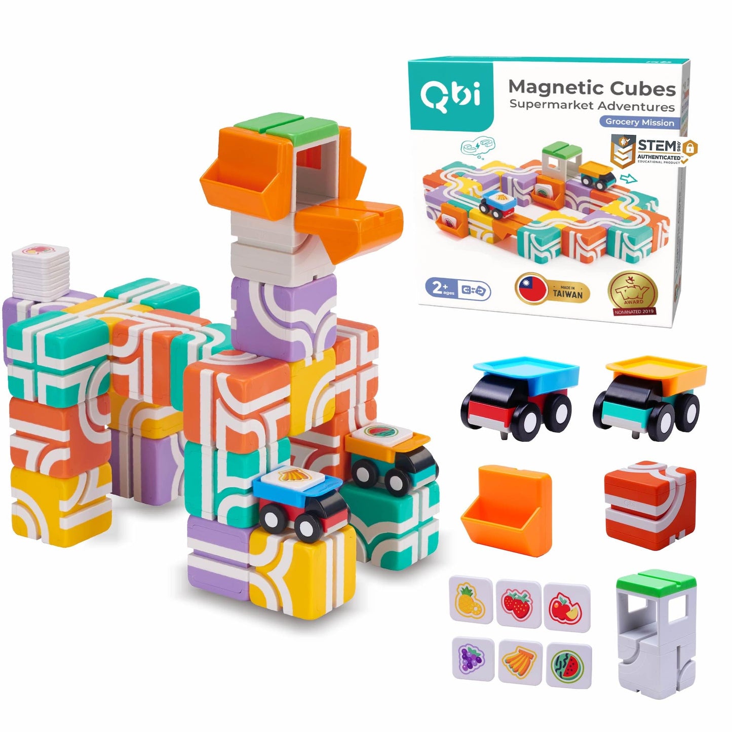 QBI Magnetic Blocks for Toddlers Ages 2-4｜STEM Magnetic Building Blocks with Trucks & Fruit Tiles｜Montessori Magnet Building Cubes for Kids｜Educational Gifts for Boys & Girls Ages 2+ (32PCS)