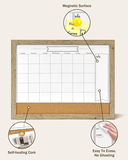 Dry Erase Calendar Whiteboard for Wall, Small Combination Magnetic Dry Erase White Board & Bulletin Board, 13" x 17" Rustic Brown Frame Calendar/Cork Combo Board(RB-3343)