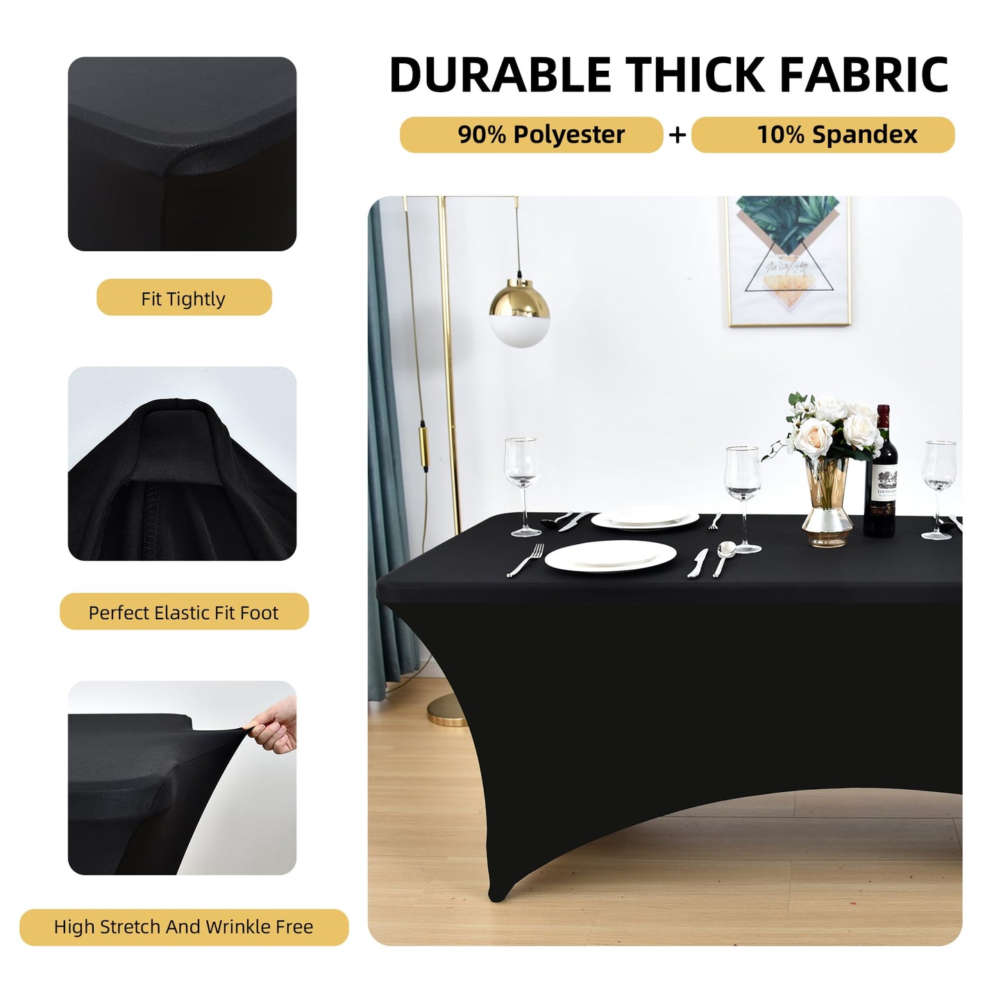 ZarzaaSik 2-Pack 6ft Black Spandex Table Covers for Rectangle Standard Folding Tables - Wrinkle Resistant Stretch Tablecloths - Ultimate Fitted Table Protector for Parties, Trade Shows, Banquet