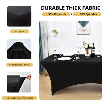 ZarzaaSik 2-Pack 6ft Black Spandex Table Covers for Rectangle Standard Folding Tables - Wrinkle Resistant Stretch Tablecloths - Ultimate Fitted Table Protector for Parties, Trade Shows, Banquet