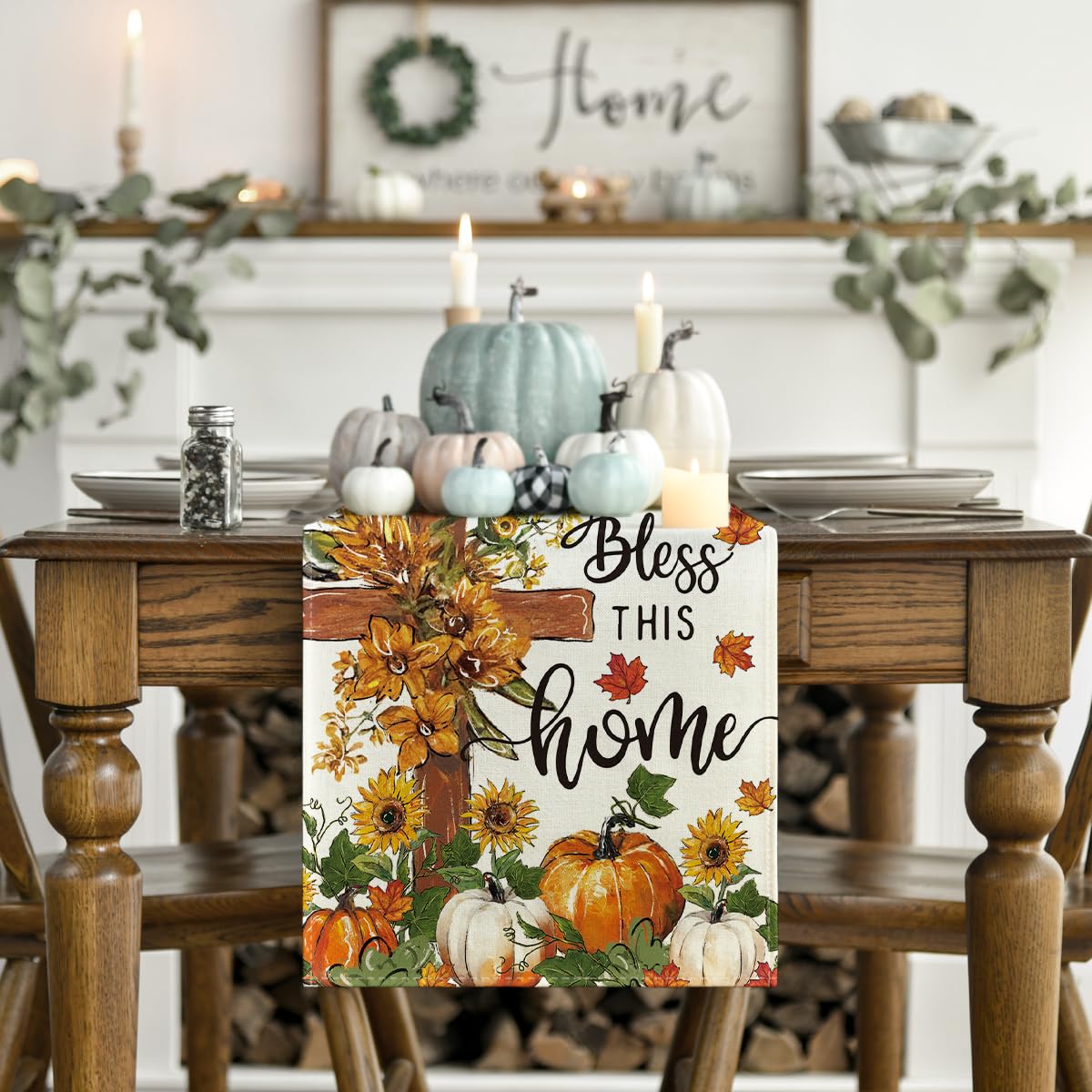 Artoid Mode Cross Pumpkins Fall Table Runner, Bless This Home Seasonal Autumn Kitchen Dining Table Decoration for Home Party Decor 13x120 Inch