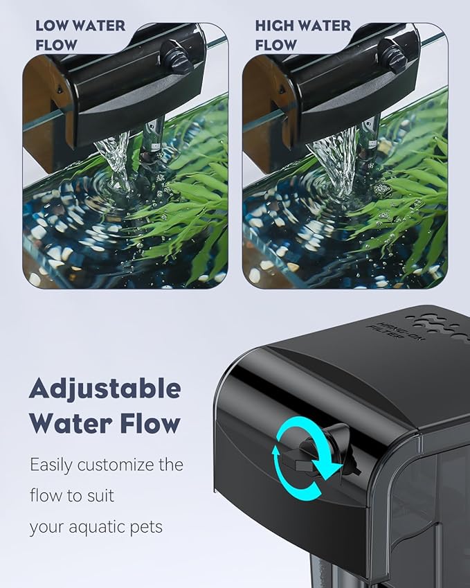 Pawfly 3 W Aquarium Filter, 1-3 Gallon Fish Tank Filter, 65 GPH Hang On Back Aquarium Filter with Water Wheel Adjustable Water Pump & Oil Skimmer, Ultra Quiet HOB Filter for Tank Filtration