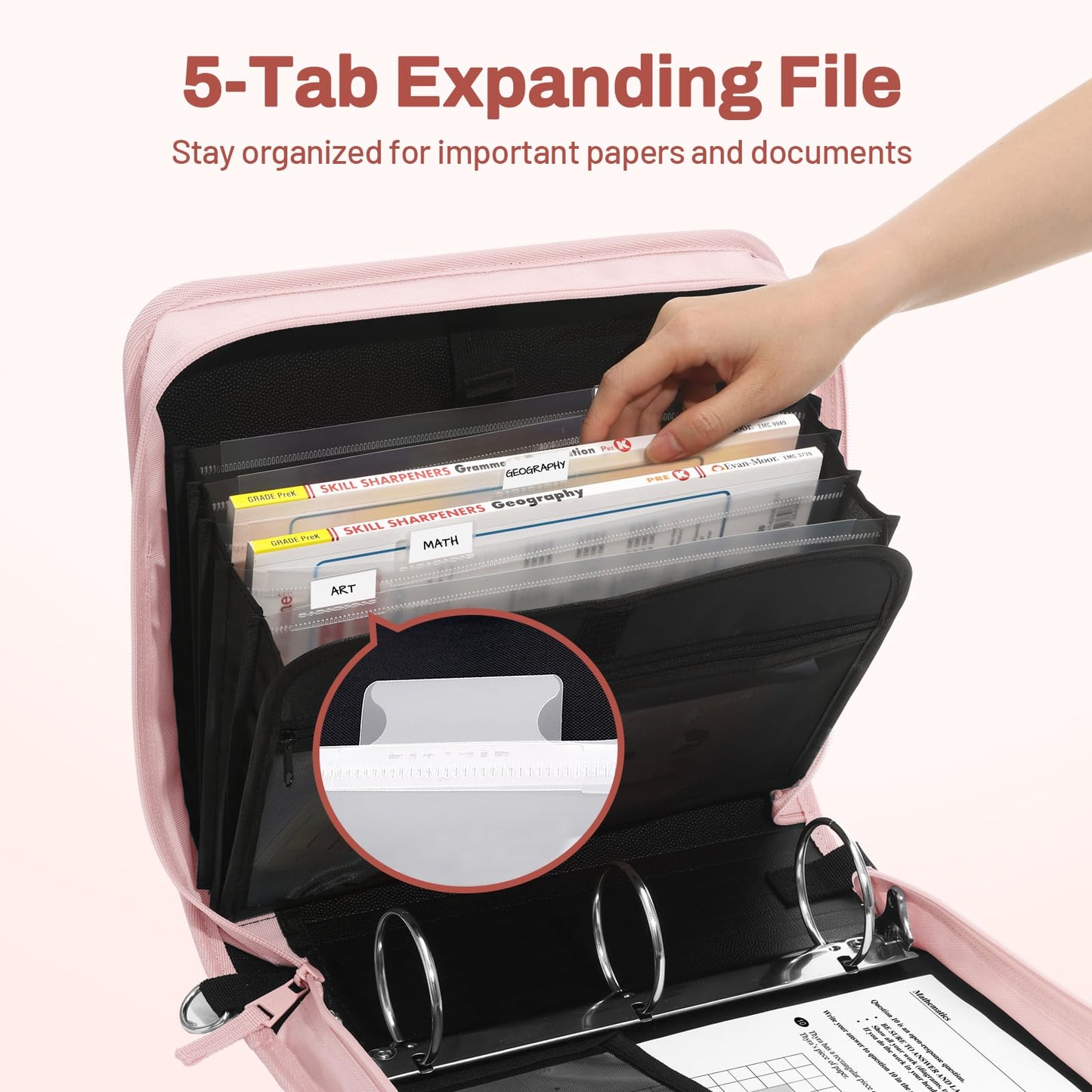 SUNEE Zipper Binder 3 Ring, 3 Inch O-Ring with Handle and Shoulder Strap, 600-Sheet Capacity, Multi-Pockets for Middle School Organizer Binder with Zipper, Pink Lotus
