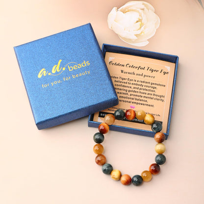 AD Beads 4mm Handmade Golden Colorful Tiger Eye Elastic Bracelet – Natural Gemstone for Warmth and power – Meditation, Yoga, Healing and Energy Gift for Men Women