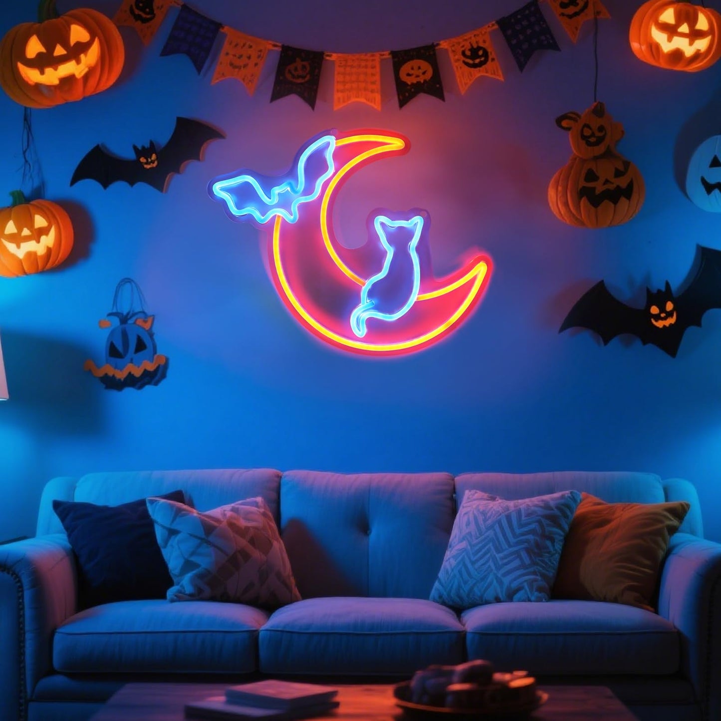 Halloween Neon Sign Wall Decor - Moon&Bat&Cat Themed Halloween LED Lights for Decorating Rooms, Windows, Doors,Party,Bright Beautiful Indoor Home Hanging Art USB Powered