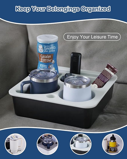 Couch Cup Holder Tray, Bonfixe Stable Couch Caddy for Bed and Sofa, Upgraded Capacity Health-Friendly Silicone Anti-Spill Drink Holder Organizer for Snacks Beverage (White-Black)