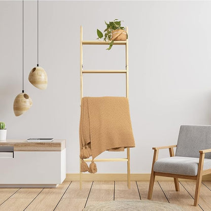 5-Tier Blanket Ladder – 4.8 Ft Wall Leaning Quilt Rack, Farmhouse Blanket Storage for Living Room, Bedroom & Bathroom – Rustic Decorative Wooden Towel & Quilt Holder, Easy to Assemble