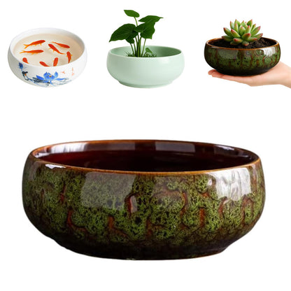 JWShang Lotus Bowl Planter for Planting in Water Indoors, Round Ceramic Lotus Flower Pot, Outdooor Garden Decorative Leak-Proof Bonsai Bowl for Lotus Seeds, Water Lily, Succulents (Green)