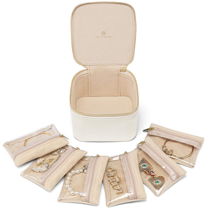 VLANDO Travel Jewelry Organizer Case with 6 Clear Velvet Zipper Pouches, Faux Leather Jewelry Storage Box for Rings, Earrings, Necklaces and Bracelets, Gift for Women