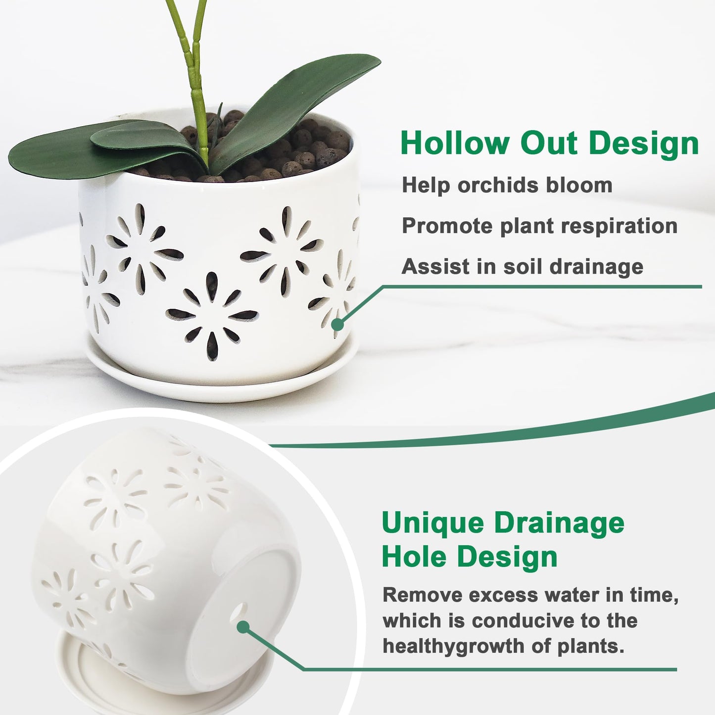 EFISPSS Orchid Pot 5+6 Inch, Ceramic Orchid Pots with Holes, Enhance Good Ventilation and Drainage, Orchid Pots Indoor/Outdoor Plants or Repotting -White
