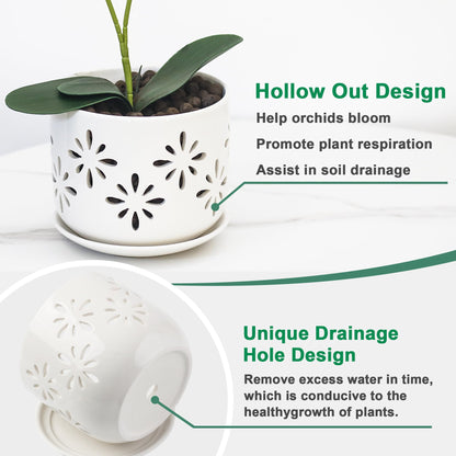 EFISPSS Orchid Pot 5+6 Inch, Ceramic Orchid Pots with Holes, Enhance Good Ventilation and Drainage, Orchid Pots Indoor/Outdoor Plants or Repotting -White