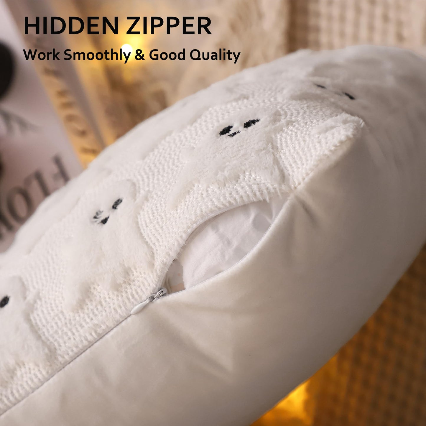 LUOYEHK Halloween Pillow Covers 16x16 Set of 2 White Ghost Decorative Pillow Cases Holiday Soft Plush Faux Fur Cushion Covers for Couch Sofa Bed