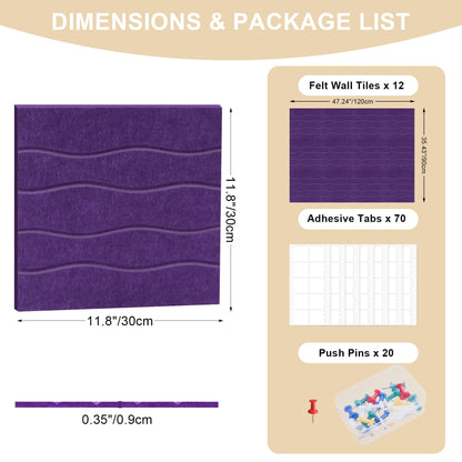 AKONEGE Felt Bulletin Board Tiles 12 Pack, 48" x 36" Cork Board Alternative, DIY Pin Board Wall Tiles for Photo Wall, Vision Board, Dorm Room & Home Office Decor, Stick-On with Adhesive Tabs, Violet