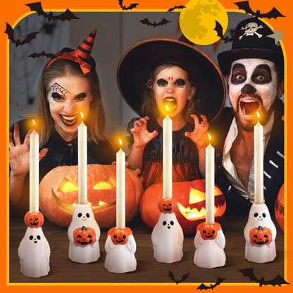 LemonRoad 6 Pcs Halloween Taper Candle Stick Holder Ceramic Ghost Holding Pumpkin Candlestick Holder Bulk Cute Halloween Decor Indoor Ghost Figures for Party Favors Gifts Table Centerpieces