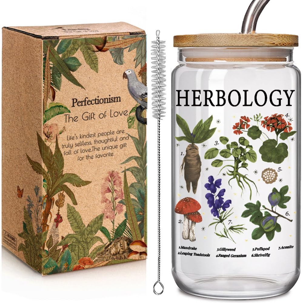 Enanaimg Herbology Witch Glass Cup Christmas Gift for Plant Lover 16 oz Glass Cup with Lids and Straws, Witch Gifts, Cute Magical Plants Botanical Iced Coffee Cups, Witchy Gift for Women, Friends