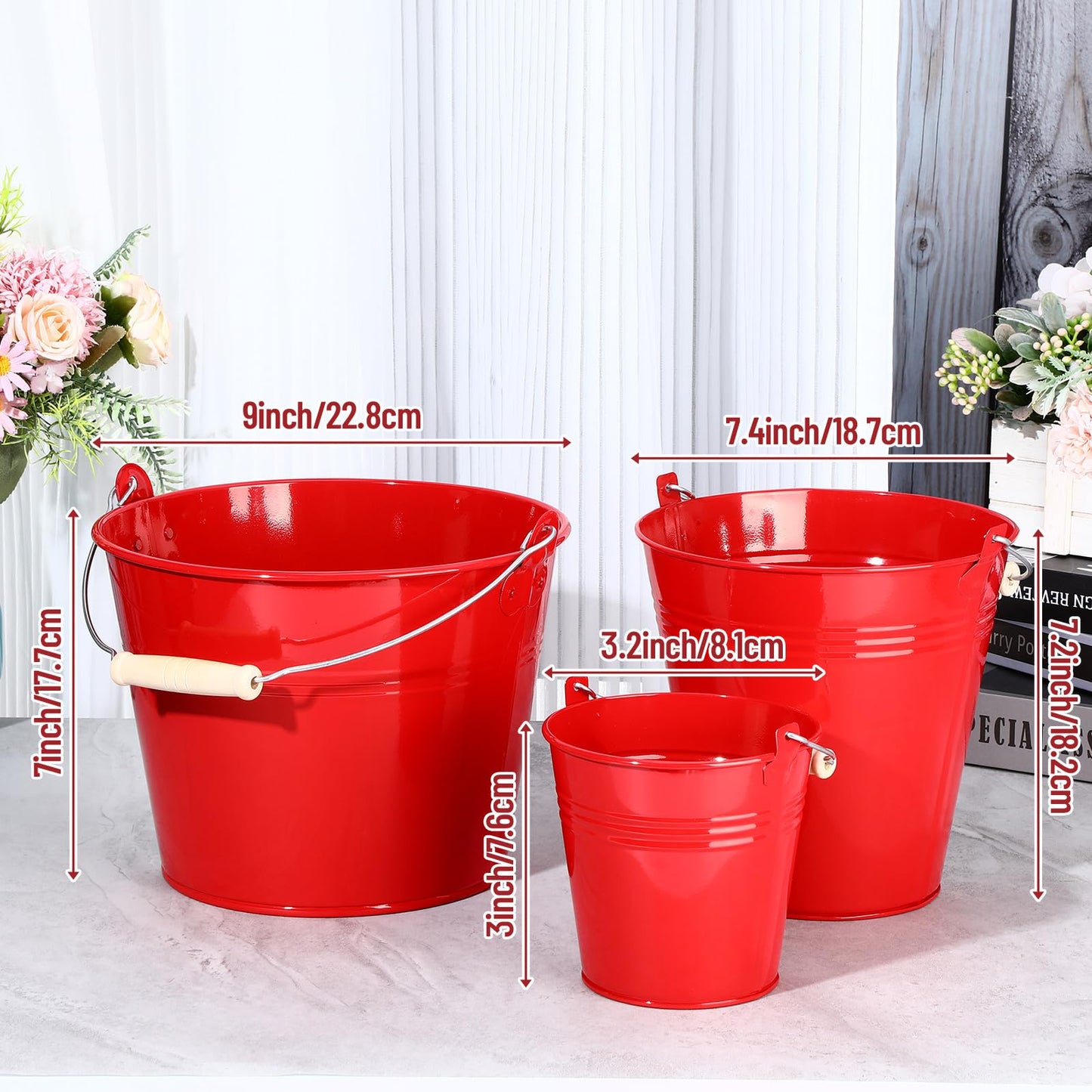 Zopeal 6 Pcs Large Metal Bucket Beer Bucket Galvanized Steel Pail with Handle for Gifts Basket Ice Candy Party(9 x 7 x 7 Inch,Red)