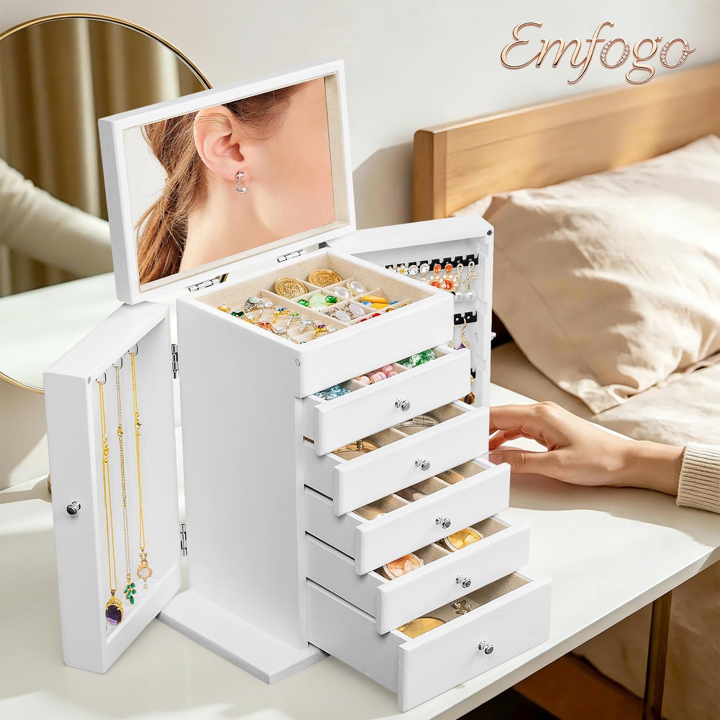 Emfogo Wooden Jewelry Box for Women, 6-Tier Large Jewelry Organizer Boxes with Mirror Rustic Solid Wood jewlery Storage for Rings Earrings Necklaces Bracelets watches(White)