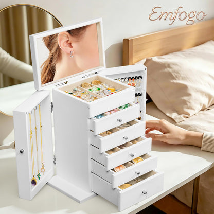 Emfogo Wooden Jewelry Box for Women, 6-Tier Large Jewelry Organizer Boxes with Mirror Rustic Solid Wood jewlery Storage for Rings Earrings Necklaces Bracelets watches(White)