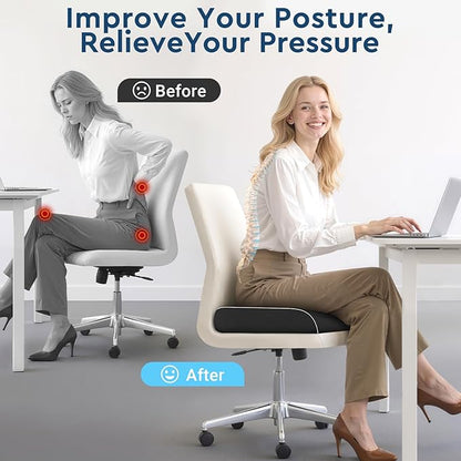 Seat Cushion, Memory Foam Office Chair Cushions for Long Sitting Hours, Chair Pad for Sciatica, Coccyx, Tailbone, Hip Pain & Pressure Relief, Office, Home, Car Seats, Airplane, Black/Large
