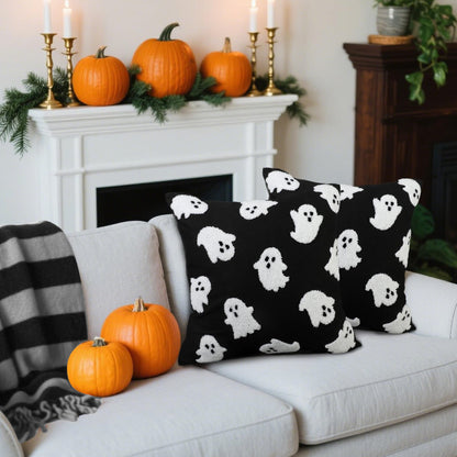 2PCS Halloween Pillow Covers 18 x 18 Inch White Ghost Throw Pillow Cases 3D Embroidered Cushion Covers Halloween Black Decorative Pillowcases for Sofa Couch Bed Living Room Home Indoor Outdoor Decor