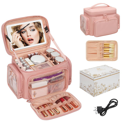 Large Makeup Bag with LED Mirror, Travel Makeup Bag Organizer for Women Girls with Makeup Brush Compartment & Two Side Pockets, 3 Color Lights Cosmetic Toiletry Bag- Leather Pink
