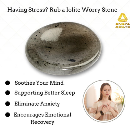 Anaya Agate Iolite Worry Stones Certified Crystal Thumb Worry Stone for Anguish, Relaxing and Soothing Balance Stones for Meditation, Stress Relief Crystals and Healing Stones for Men, Women