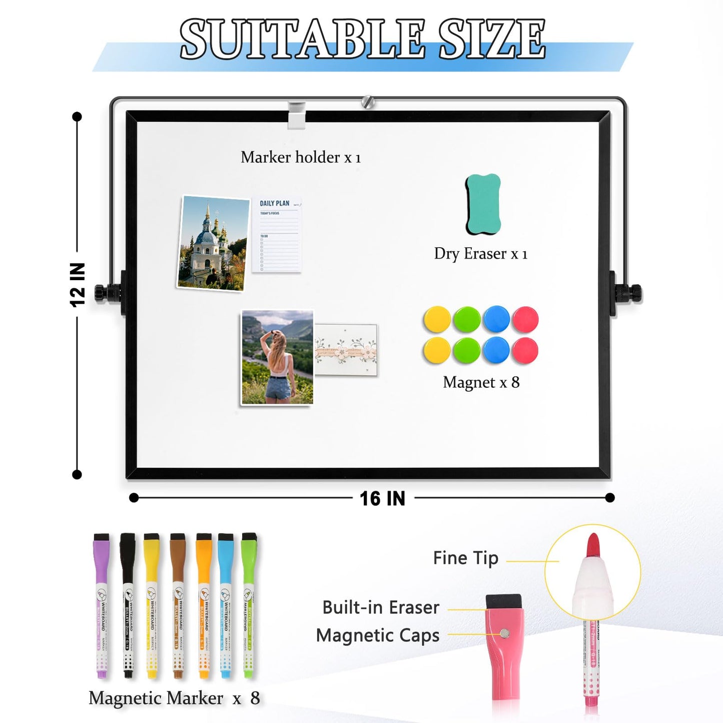 AMUSIGHT Dry Erase Magnetic White Board, 16" x 12" Black Framed Double-Sided Desktop Whiteboard with Stand, Portable Small Whiteboard Set for Drawing, Office, Home, School