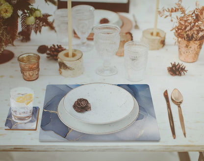 Moderry Set of 4 Heat Resistant Cork Placemats for Dining Table with Free Set of 4 Matching Drink Coasters Marble Design 16 x 12 Inches Cork Backed Hard Placemats (Blue & Gold)