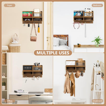 HOMEBROS Key Holder Wall Mount, Wooden Mail and Key Organizer with Chalkboard and Mirror, 3 Greeting Cards, 8 Hooks, Brown