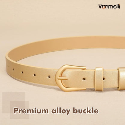 VONMELLI 4 Pack Womens Thin Leather Belt Skinny Waist Belts for Women Fashion Jeans Dress with Gold Buckle, Black Brown Beige Gold, XS