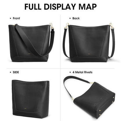 Kattee Leather Purses and Handbags Trendy, Bucket Bags for Women, Top Grain Leather Hobo Tote Shoulder Crossbody Bag with 2 Straps, Black