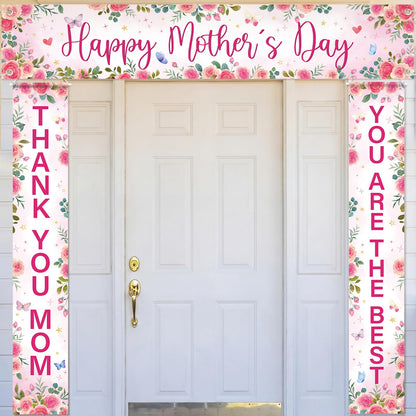 Fanfanwin 3 Pcs Pink Happy Mother's Day Banner Set Thank You Mom Front Door Banner Rose Floral Mother Decor You Are The Best Mama Party Supplies Decorations for Women Mama Wife Hanging Home Decor