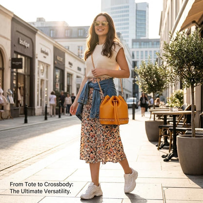 Rosvovo Leather Bucket Bag - Elegant Orange Drawstring Crossbody Purse for Women with Gold Chain Strap