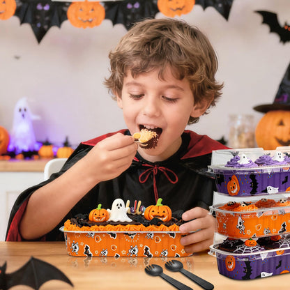 ylnurac 100Pack Halloween Mini Cake Pans Disposable Mini Loaf Pans with Lids and Spoons, 6.8Oz Aluminum Foil Pans Tins, Individual Dessert Cups Containers for Sales,Party,Picnics