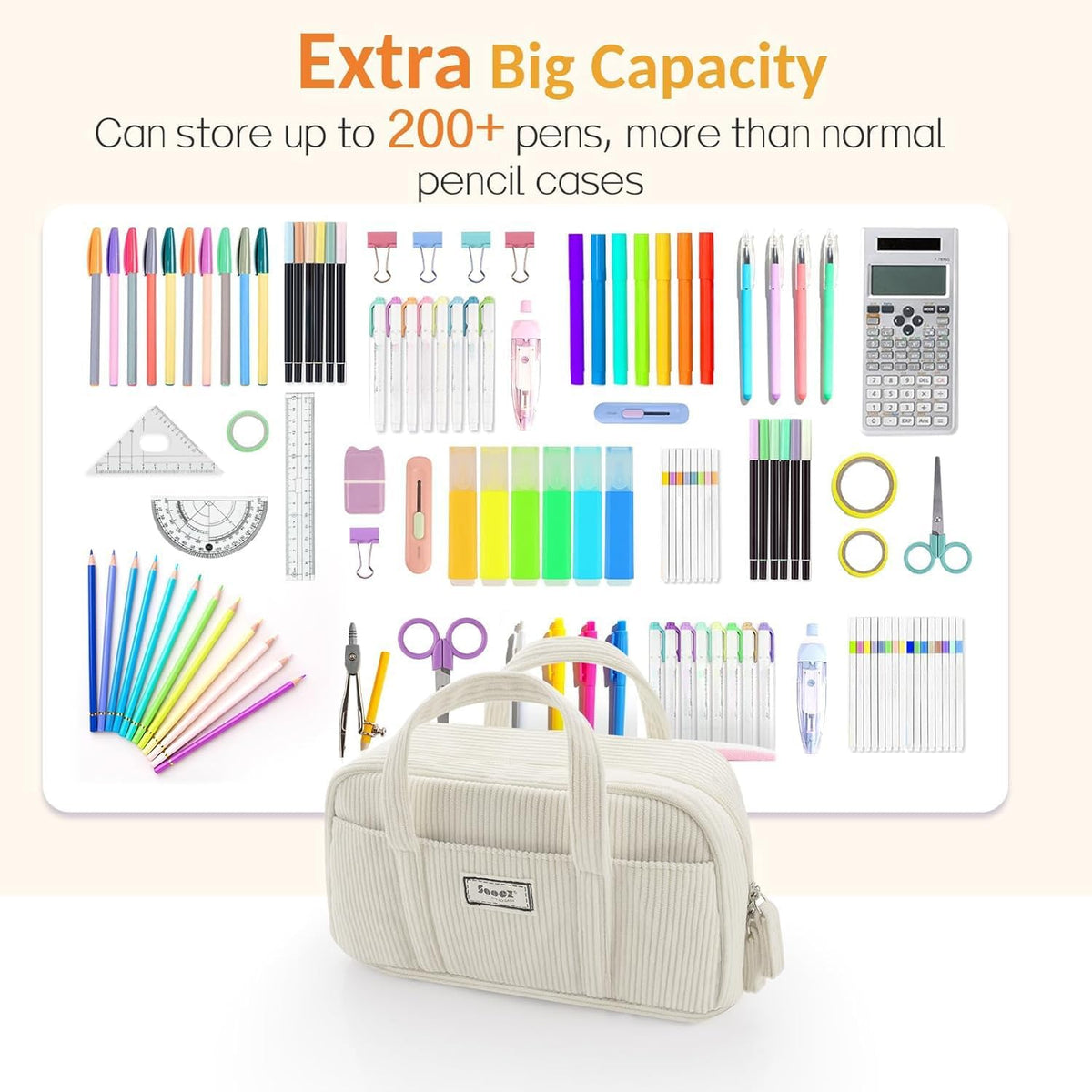 Sooez Large Pencil Case Pouch, Extra Big Pencil Bag with 5 Compartments, Pen Bag Wide Opening, Soft Corduroy Pencil Pouch Organizer with Zipper, Cute Aesthetic School Supplies for Teen Girls-Black
