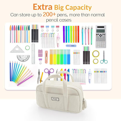 Sooez Large Pencil Case Pouch, Extra Big Pencil Bag with 5 Compartments, Pen Bag Wide Opening, Soft Corduroy Pencil Pouch Organizer with Zipper, Cute Aesthetic School Supplies for Teen Girls-Black