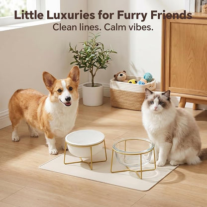 White Large Ceramic Tilted Elevated Cat Dog Bowl Raised Cat Food Water Bowl Dish Pet Comfort Feeding Bowls with Gold Iron Stand
