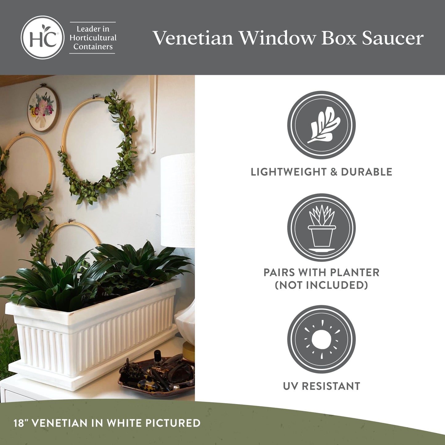The HC Companies 29.5 Inch Venetian Rectangular Plant Saucer, Lightweight UV-Resistant Plastic Outdoor & Indoor Flower Pot Tray, 2-Pack Plant Pot Trays for Garden & Home Decor, Warm Gray