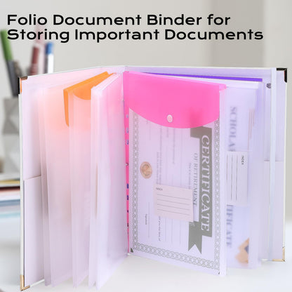 XKDOUS Aesthetic Document Organizer Linen Folio Folders with Pockets, 3-Ring Accordion Storage Binders Expanding File Folder for Important Papers, Documents and Files