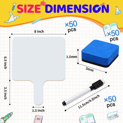 50 Pack Dry Erase Answer Paddles with Handle, 8 x 10 Inch Wooden Double-Sided Handheld Whiteboards Reusable Writing Boards with 50 Markers & 50 Erasers for Classroom Teaching & Auction Paddles Bidding