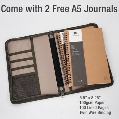 Tintris A5 YKK Zipper Journal Cover for 5.5 x 8.25 Moleskine Cahier Notebook Sketchbook, Classy Waxed Canvas Cover for A5 Planner with Pen Holder, also for 5 x 8 Legal pads, Water Resistant, Olive