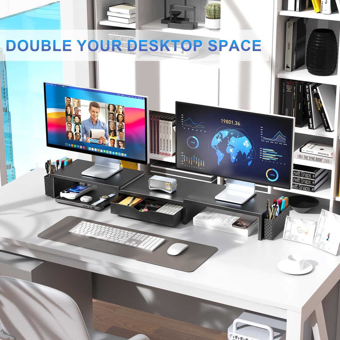 gianotter Dual Monitor Stand Riser, Desk Organizer With Drawer and 2 Pen Holders, Computer Monitor Stand, Desk Shelf for Top of Desk (Black)