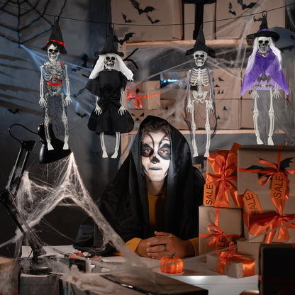 Poen 4 Pack 16" Halloween Hanging Skeleton Decorations Small Full Body Posable Skeletons with Movable Joints Plastic Mini Spooky Decor for Halloween Party Haunted House Lawn Graveyard Props (Witch)