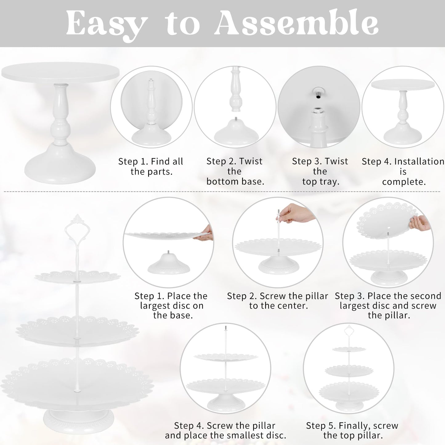 Fivenl 8 Pcs Cake Stand White Metal Dessert Table Display Set, 3-Tier Cupcake Stand, Cake Display Tower and Cookie Tray Rack Serving Tray for Birthday Party, Weddings, Baby Shower (White)