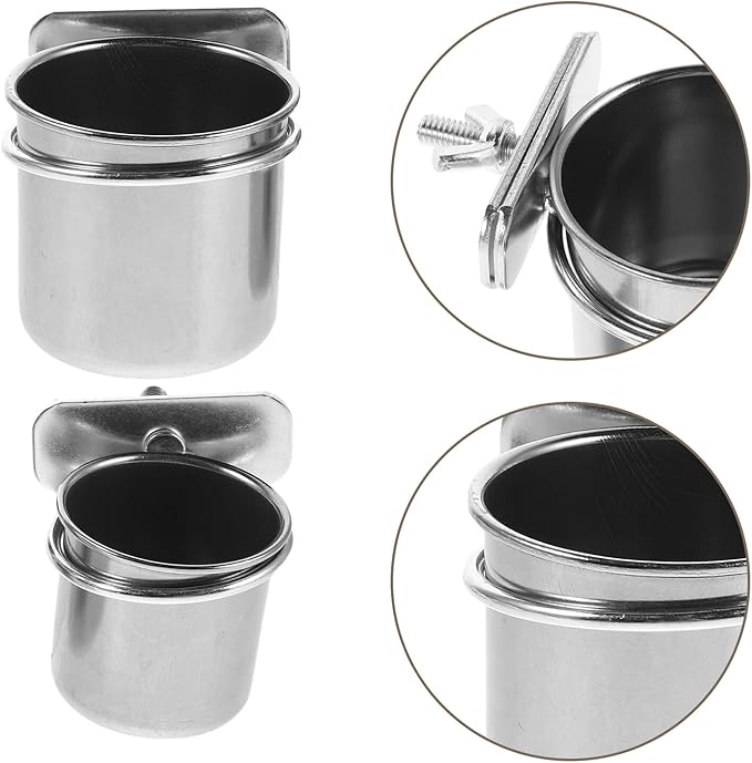 Abaodam 2pcs Stainless Steel Parrot Feeder Bowls with Clamp Holders, Cage Hanging Coop Cups 4.4cm and 5.5cm for Cockatiel Budgie Parakeet Bird Cage Feeding Supplies