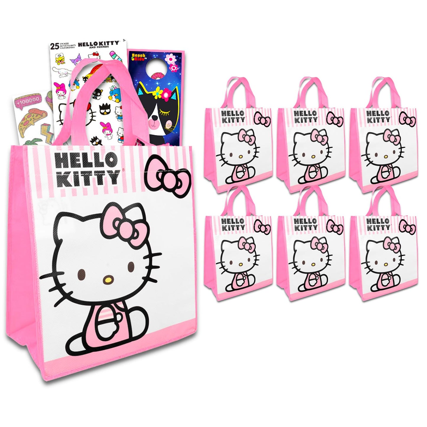 Hello Kitty Party Favor Bags Set - 6 Pack Reusable Hello Kitty Party Goodie Bag Totes Plus Stickers Tattoos More | Sanrio Birthday Party Supplies Bundle