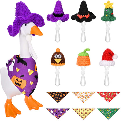 6 Pcs Holiday Desk Goose Outfits 7 Inches Mini Desk Goose Clothes Knitting Hats Bandanas with Adjustable Strap for Magnetic Key Holder Halloween Thanksgiving Christmas Decor