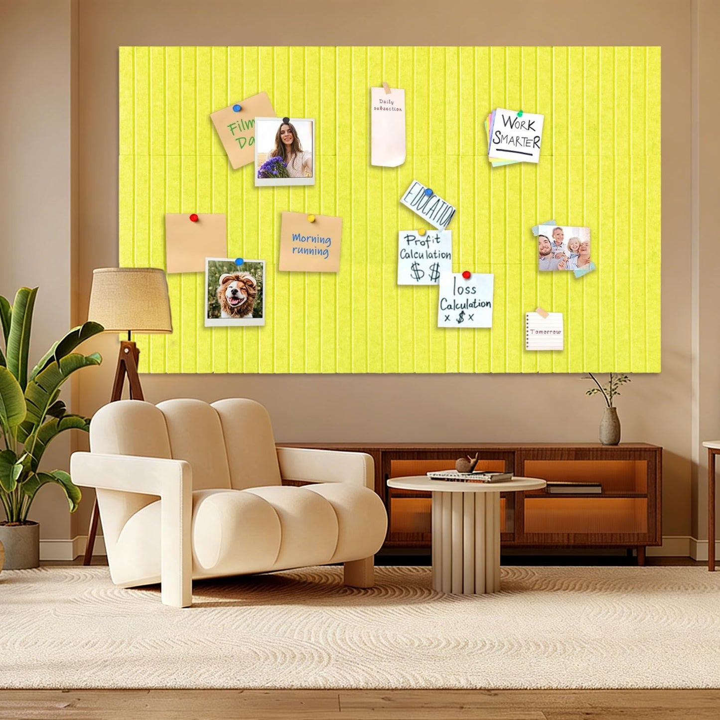 15 Pack Felt Bulletin Board, 35" x 59" Large Yellow Pinboard with 30 Push Pins, Felt Pin Board, Self-Adhesive Cork Board Tiles for Home, Office Walls, School Classroom Message Photos Display