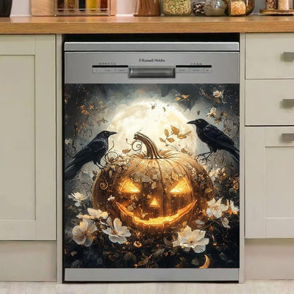 White Flower Sticker Dishwasher Cover, Magnet Halloween Fridge Magnet, Halloween Pumpkin Vinyl Panel Decal, Pumpkin Kitchen Decor, Home Appliance Magnet 23" x 26" Magnetic