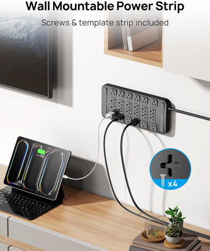 TROND Surge Protector Power Strip 360° Rotating Flat Plug, 24 AC Outlets, 4000 Joules, 15ft Heavy Duty Extension Cord 1875W, ETL Listed, Ideal for Gaming Office Home Dorm Room Essentials Black